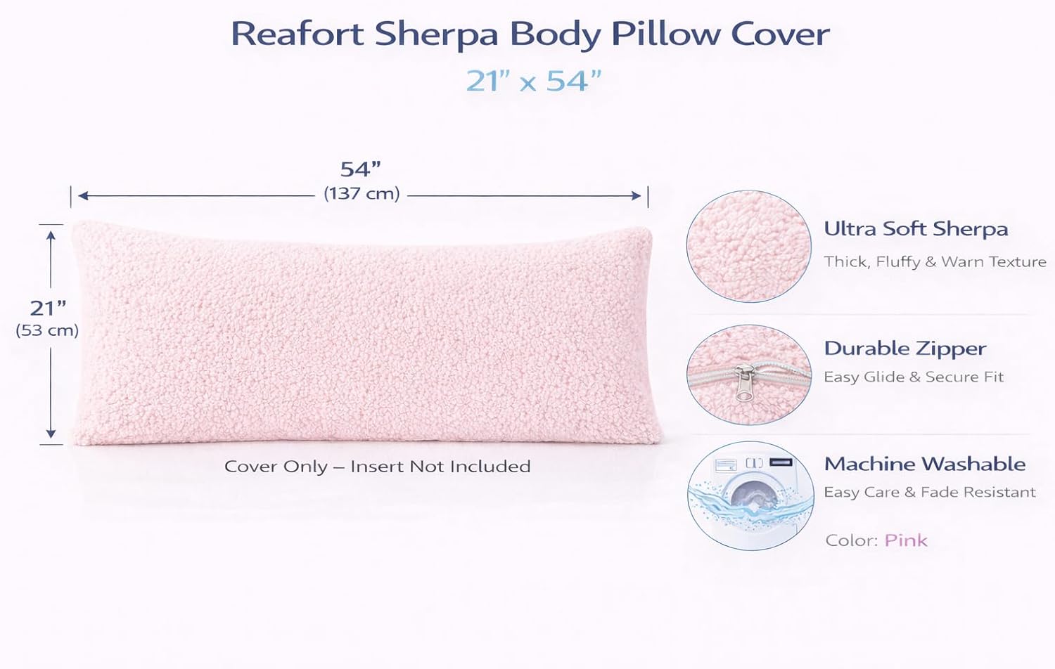 Reafort Sherpa Body Pillow Cover 21" x 54", Plush Fleece Long Body Pillowcase with Zipper Closure, Ultra Soft Fluffy Cozy Decorative…