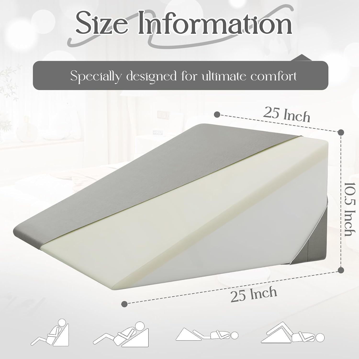 Cotton Wedge Pillow Cover for 24" x 24" x 10" Wedge Bed Pillow, Zippered Wedge Pillow Case Protector with Side Pocket, Light Grey (Pillow…