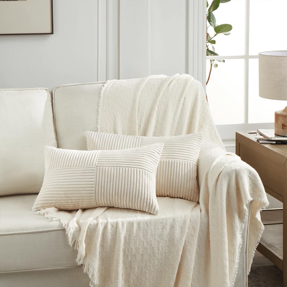 Fancy Homi Cream Lumbar Decorative Throw Pillow Covers 12x20 Inch for Living Room Couch Bed Sofa, Rustic Farmhouse Boho Home Decor, Soft…
