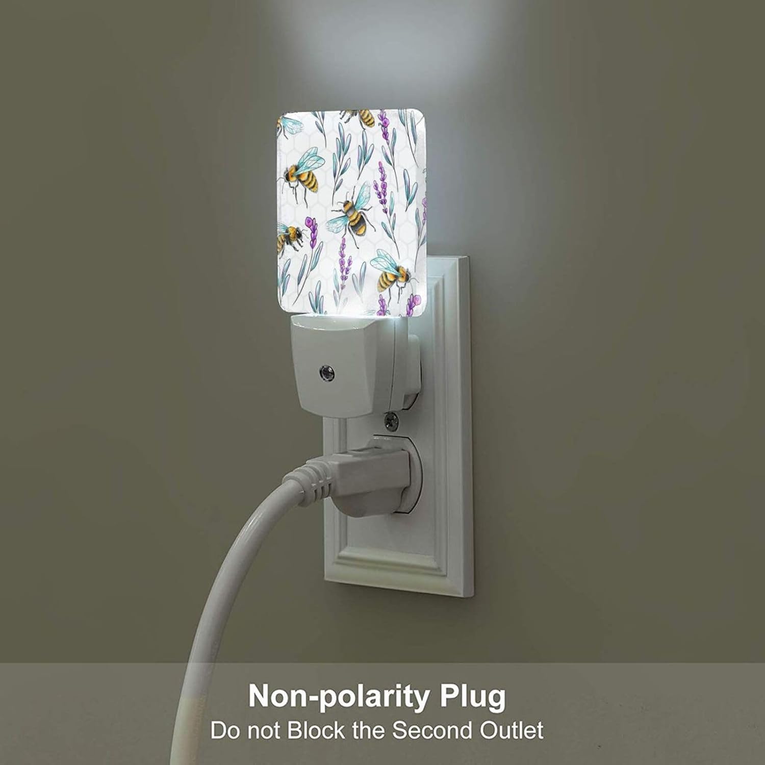 Bees and Lavender Flowers Night Light, Plug-in Night Lights with Dusk-to-Dawn Sensor for Stairway, Hallway, Bedroom Sleep Friendly Ideal for…