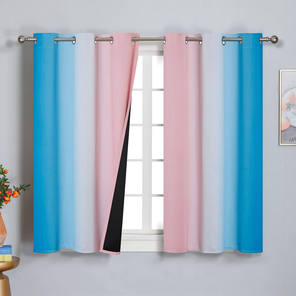 Estelartextiler Ombre Pink and Blue Blackout Curtains 45 Inches Long, Full Light Blocking Curtains for Bedroom, Wavy Line Pattern Grommet T…