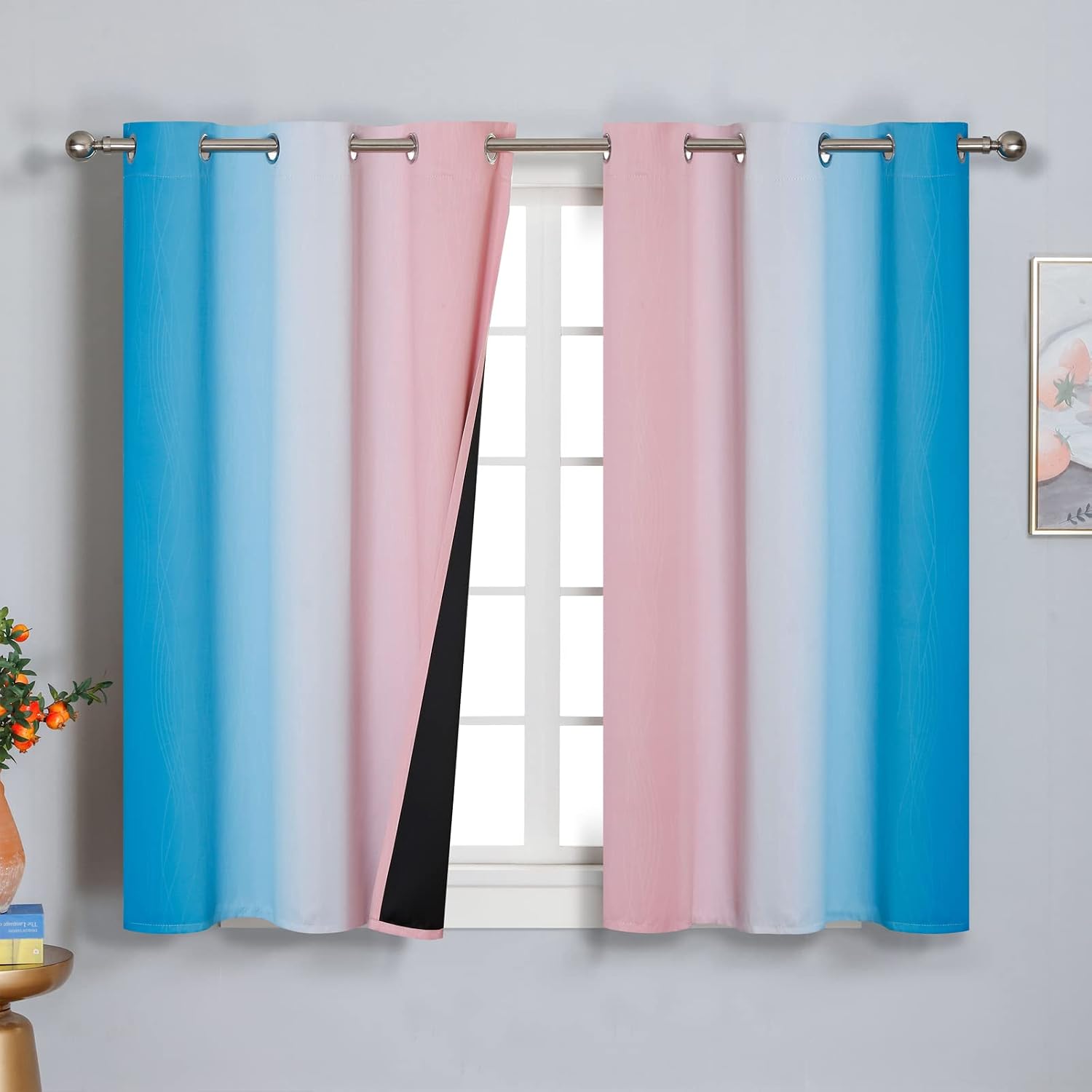 Estelartextiler Ombre Pink and Blue Blackout Curtains 45 Inches Long, Full Light Blocking Curtains for Bedroom, Wavy Line Pattern Grommet T…
