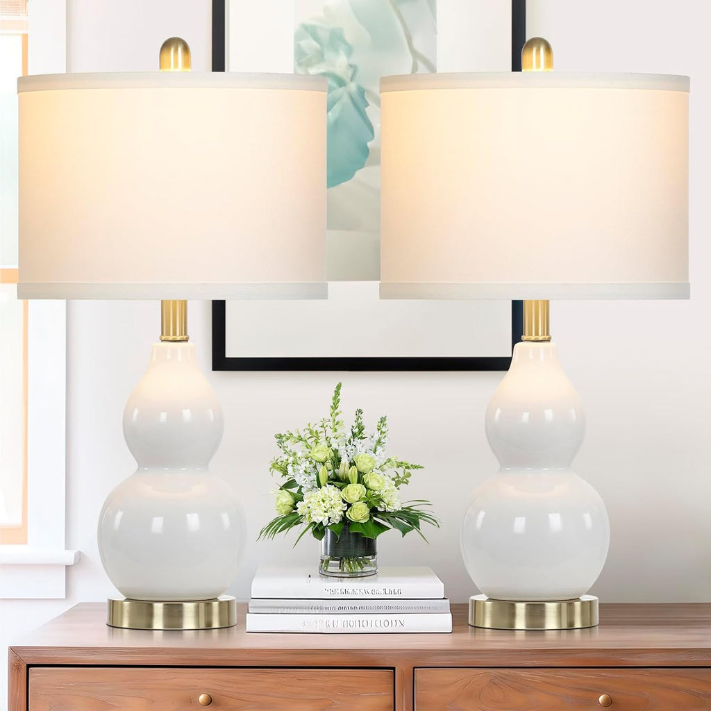 Rinweey Double Gourd Ceramic Table Lamps Set of 2, Modern White Bedside Lamps for Night Stand, Contemporary Nightstand Lamps for Bedroom…