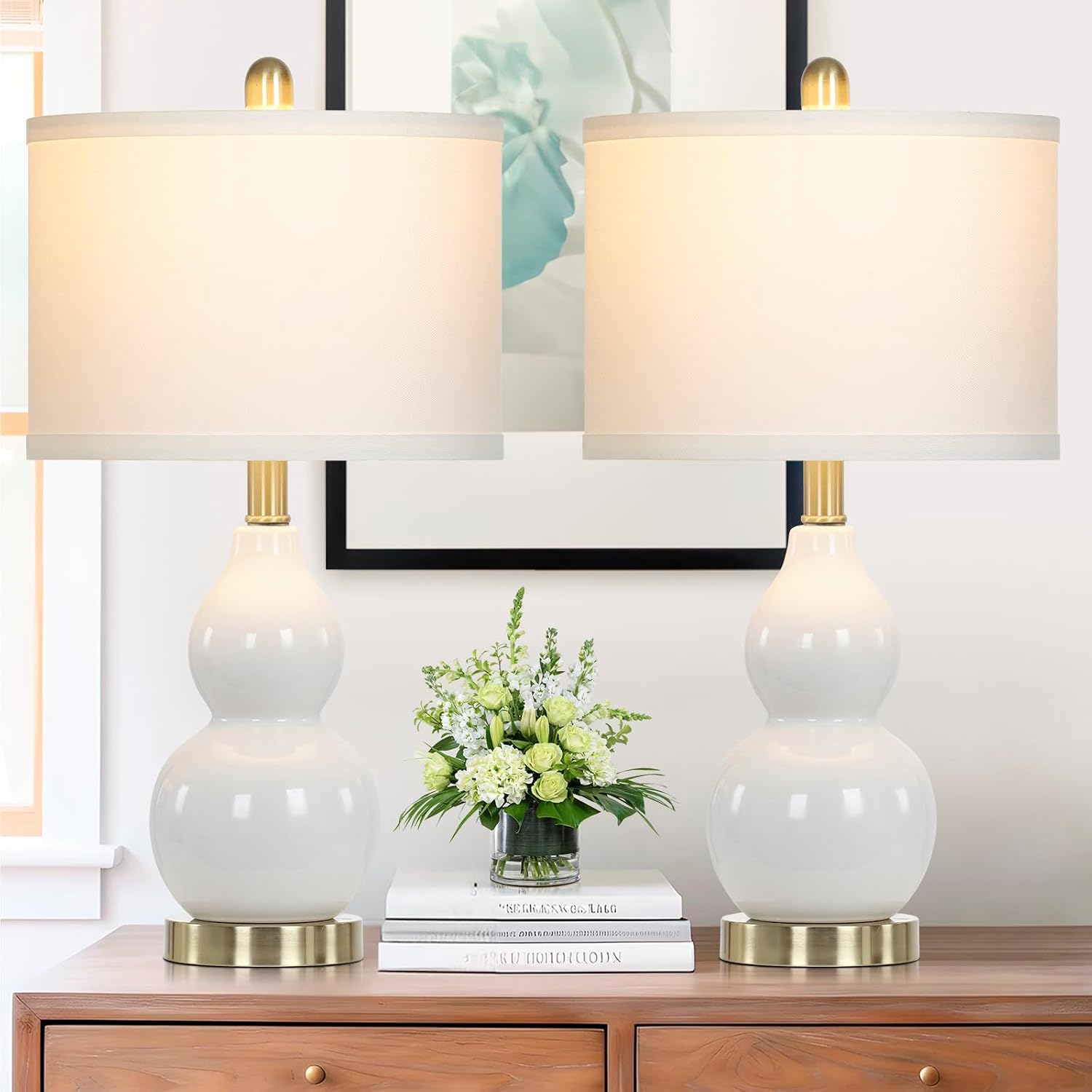 Rinweey Double Gourd Ceramic Table Lamps Set of 2, Modern White Bedside Lamps for Night Stand, Contemporary Nightstand Lamps for Bedroom…