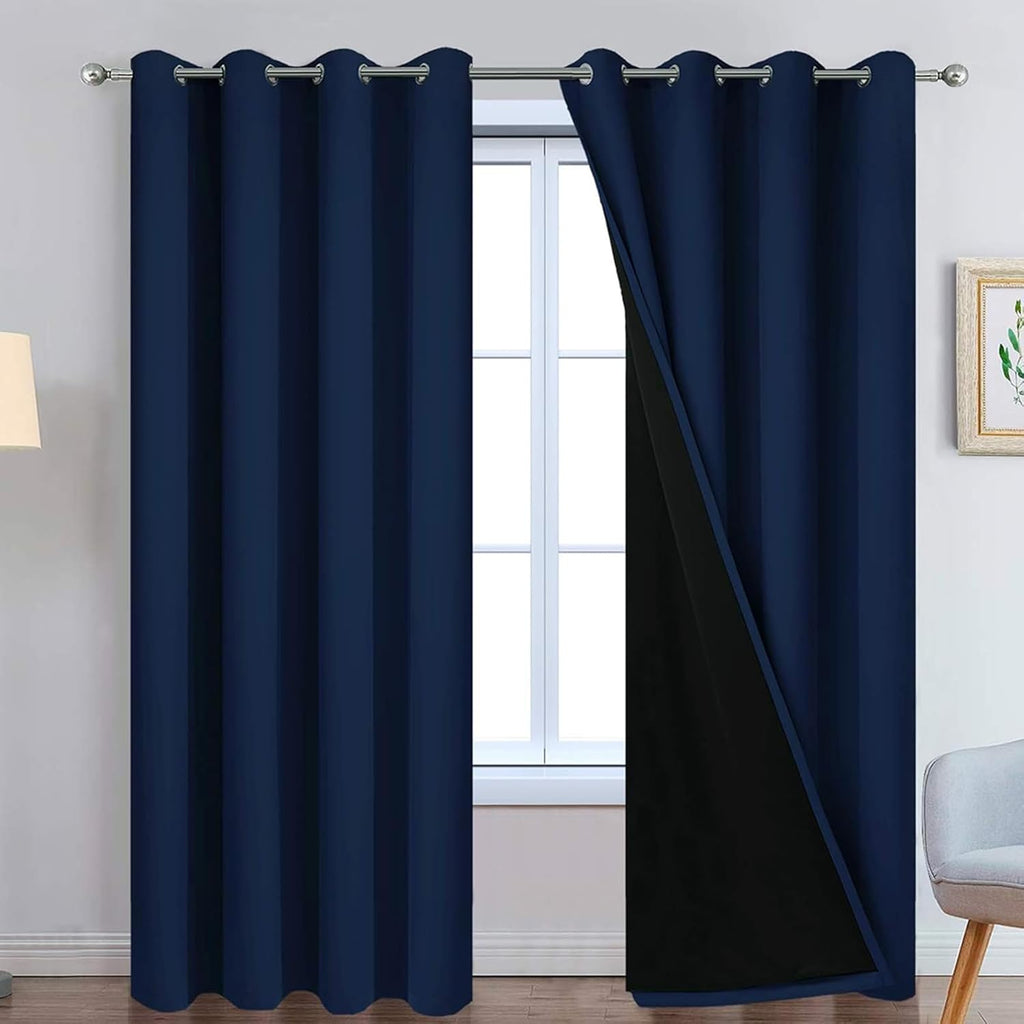Yakamok Navy Blue 100% Blackout Curtains Energy Saving Thermal Insulated 2 Thick Layers Completely Blackout Drapes with Black Liner for Bed…