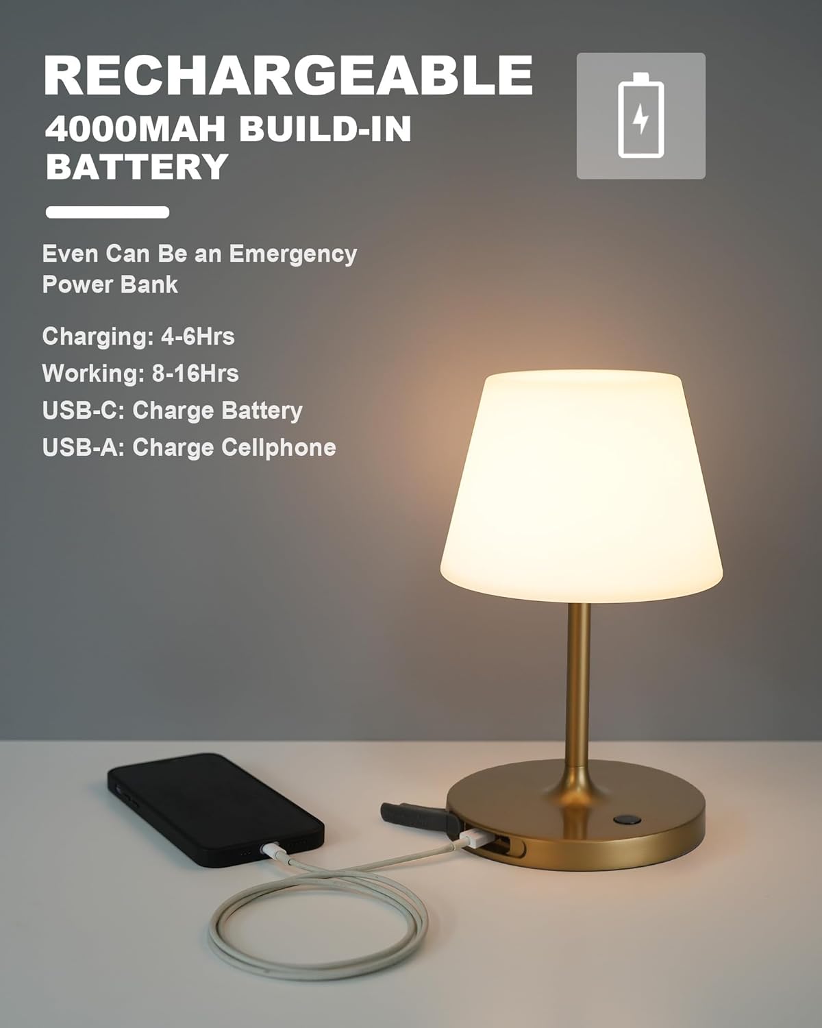 WEILAILUX Outdoor Battery Operated Table Lamp Waterproof, 4000mAh Cordless Table Lamp Rechargeable, Touch Dimmable Desk Lamp, LED Night…