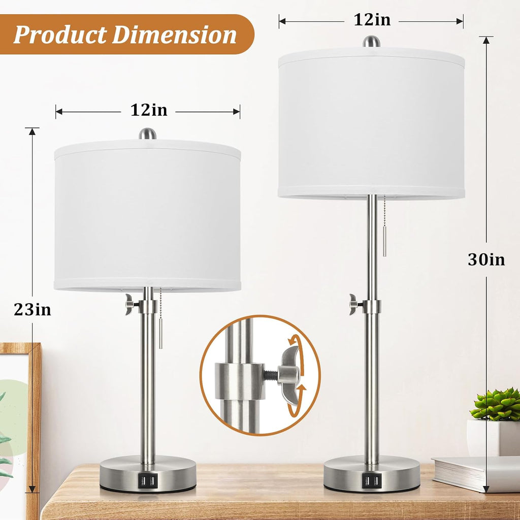 Kondras Table Lamp Set of 2 for Bedroom, Bedside Lamp with 2 USB Ports, 23" to 30" Height Adjustable Tall Table Lamp for Living Room End…