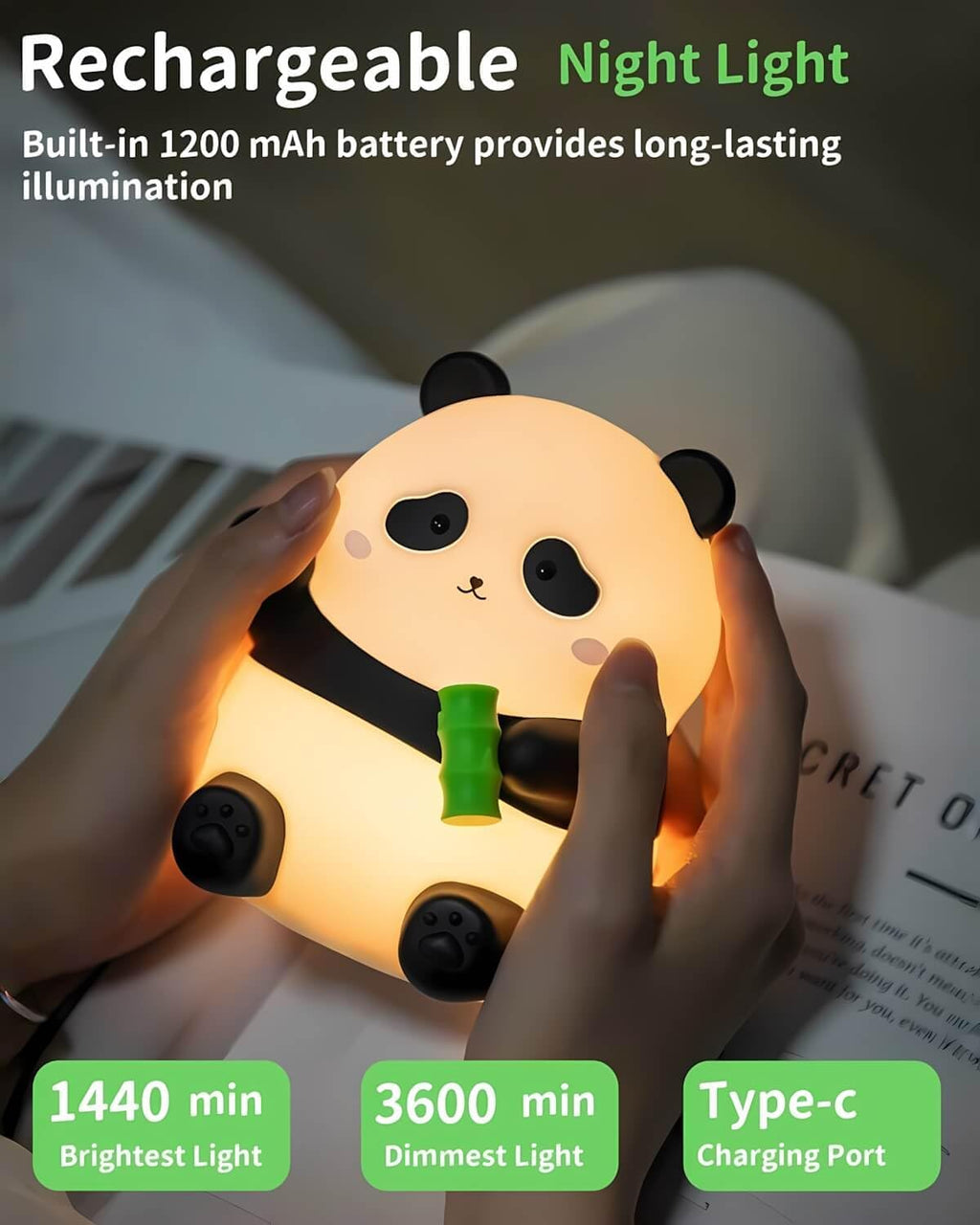 Daixinde Panda Night Light Squishy, 50Hrs Battery Kids Nightlight, Tap Control 2 Brightness, 30Min Auto-Off, Rechargeable Bedside Lamp for…