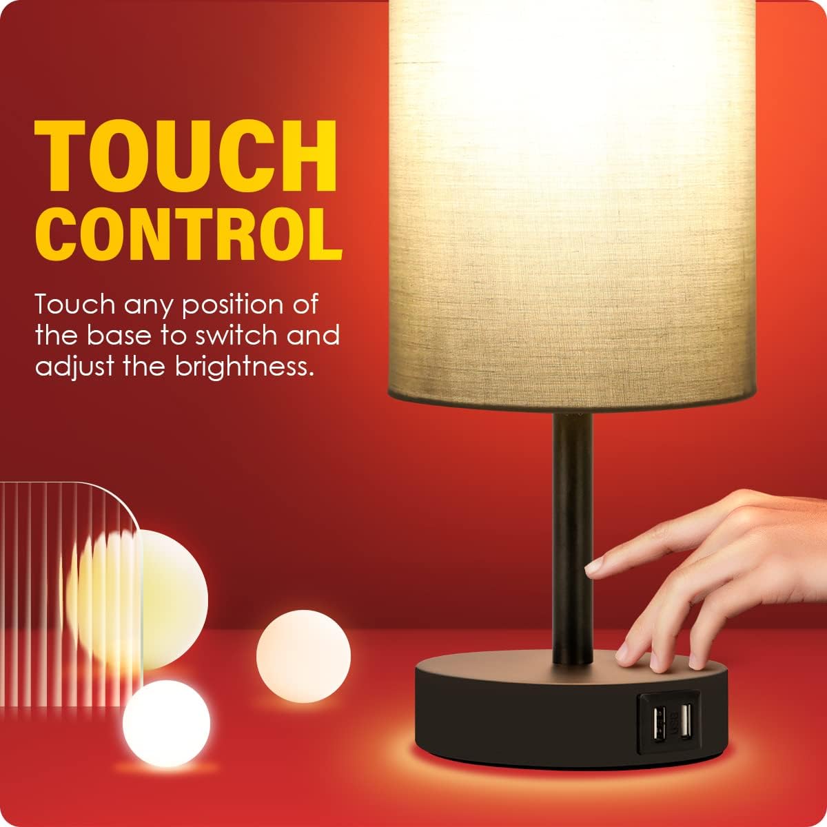 Yarra-Decor Bedside Lamp with USB Port - Touch Control Table Lamp for Bedroom 3 Way Dimmable Nightstand Lamp with Round Grey Fabric Shade…