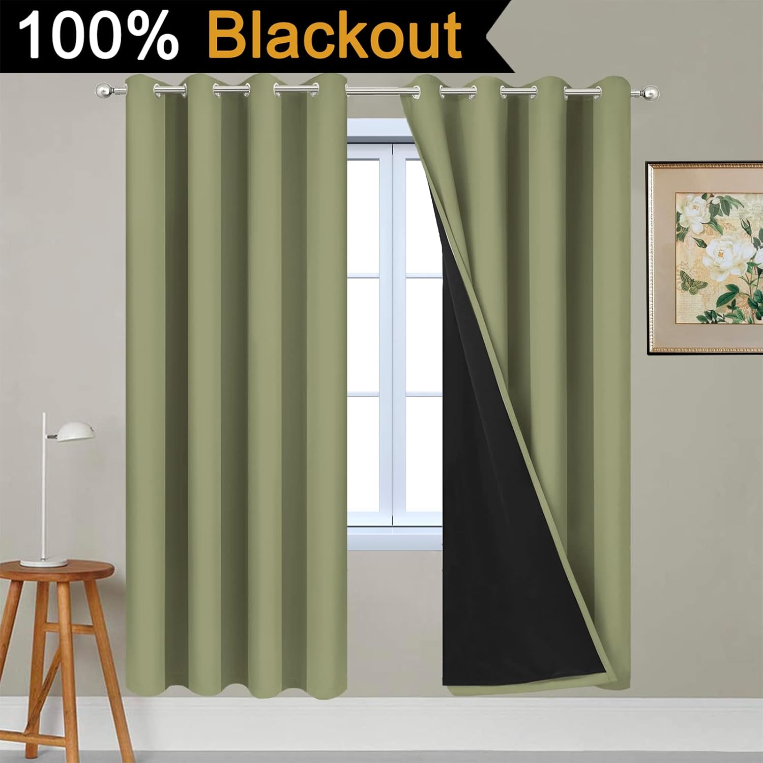 Yakamok 100% Blackout Curtains Energy Saving Thermal Insulated 2 Thick Layers Completely Blackout Drapes with Black Liner for Bedroom (52Wx…
