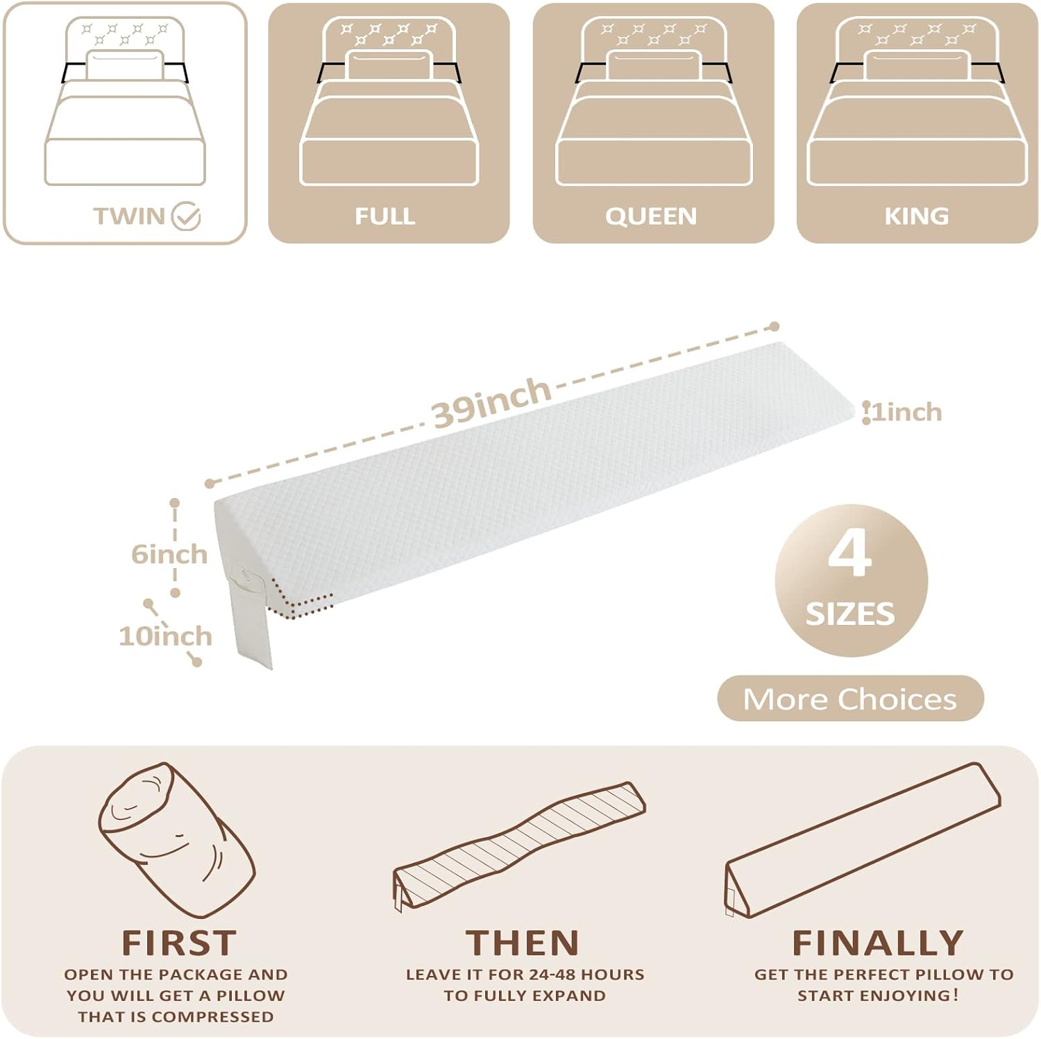 Homemate Twin Size(39"x10"x6") Bed Wedge Pillow Stopper - Bed Gap Filler(0-8") - Headboard Pillow - Triangle Bloster Pillow Wedges - White