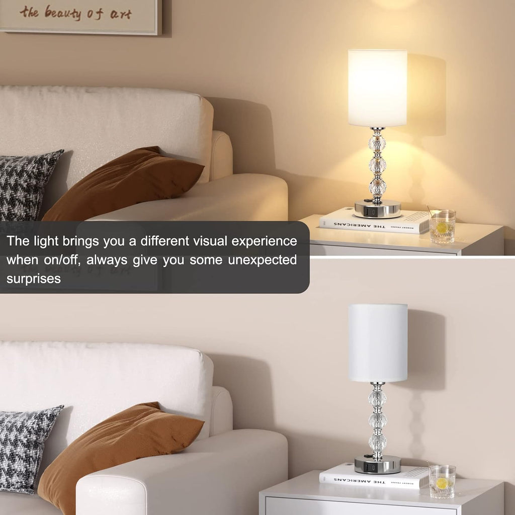 Touch Bedside Crystal Lamps for Bedrooms Nightstand with USB C+A Charging Port and AC Outlet White, 3 Way Dimmable Silver Small End Side…
