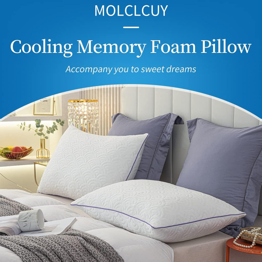 Molclcuy Memory Foam Pillows Standard Size Set of 2 Adjustable Cool Pillow for Side Back Stomach Sleepers Luxury with Washable Cover White