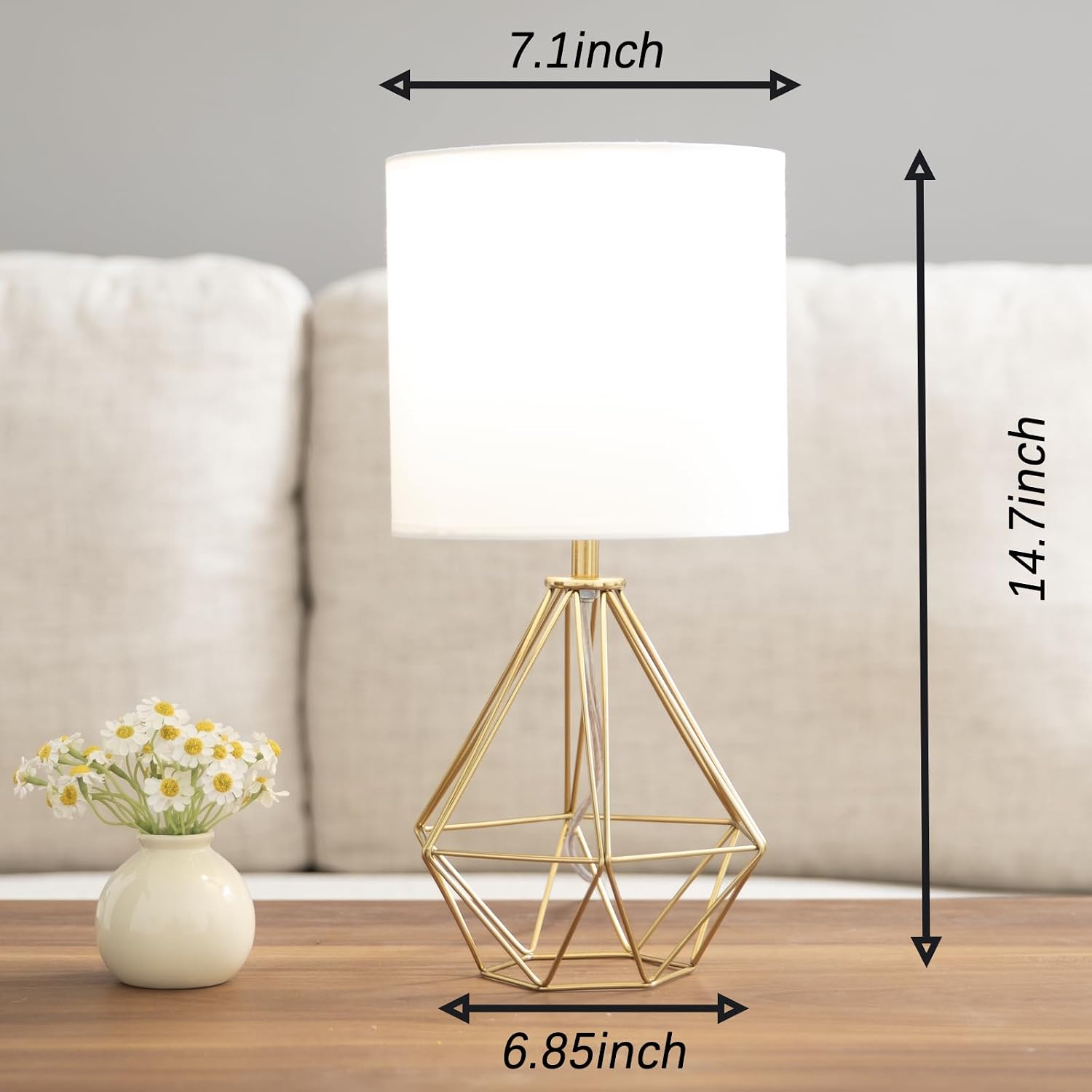 Gold Modern Small Table Lamp for Bedroom & Living Room - Geometric Metal Base, White Fabric Shade, Ideal for Bedside & Kids' Desk…