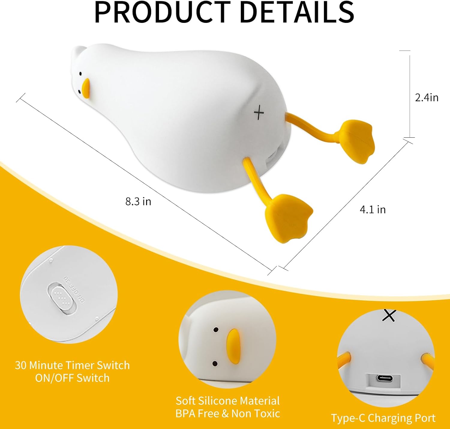 Avacom Duck Night Light, Soft Squishy Silicone Kids Nightlight, Lying Flat 3 Level Dimmable Touch Lamp with Timer, 1200mAh USB Rechargeable…
