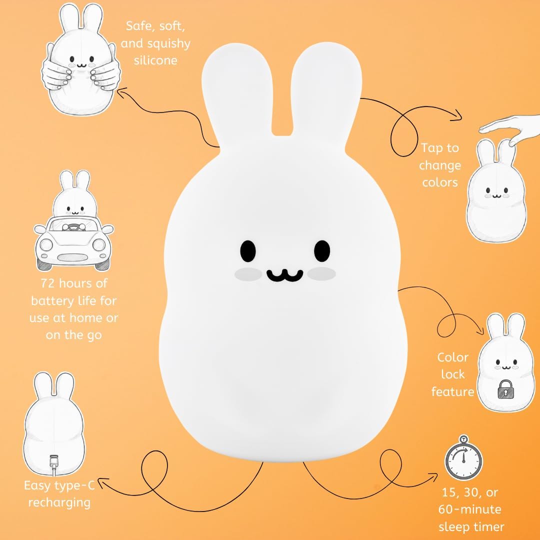 Lumipets Baxter The Bunny Squishy Night Light for Kids | Silicone Lamp with Tap & Remote Control | Rechargeable Color Changing Animal…