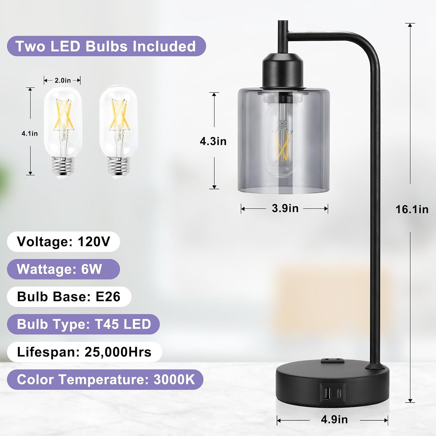 Innqoo Industrial Touch Bedroom Lamps for Bedrooms Set of 2-3-Way Dimmable Table Lamps with USB C+A Ports and Outlet, Bedside Lamps with…