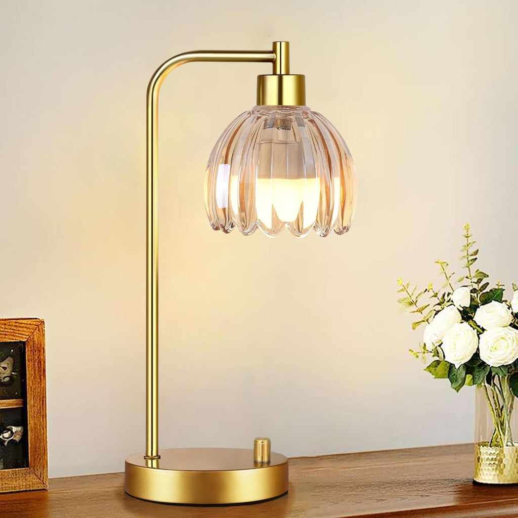 ILLMTW Glass Table Lamp Set of 2, Small Gold Bedside Lamps Dimmable Boho Bedroom Lamp with Tulip Flower Amber Lamp Shade, Vintage Mid…
