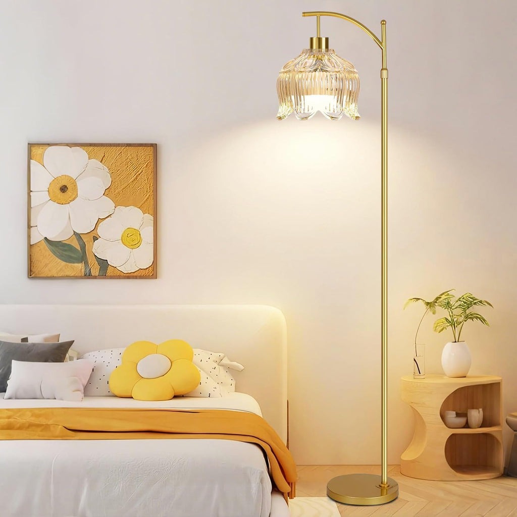 QIYIZM Flower Floor Lamp for Living Room, Bedroom, Gold Dimmable Standing Lamp with Remote, Glass Mid Century Modern Brass Tall Lamp Boho…