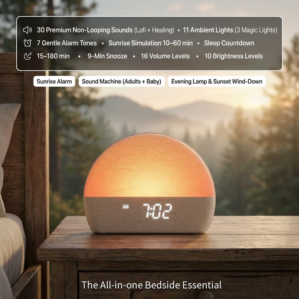 White Noise Sound Machine Sunrise Alarm Clock – 30 Non-Looping Soothing Sleep Sounds with LoFi and Healing Music| 10-Color Ambient Light…