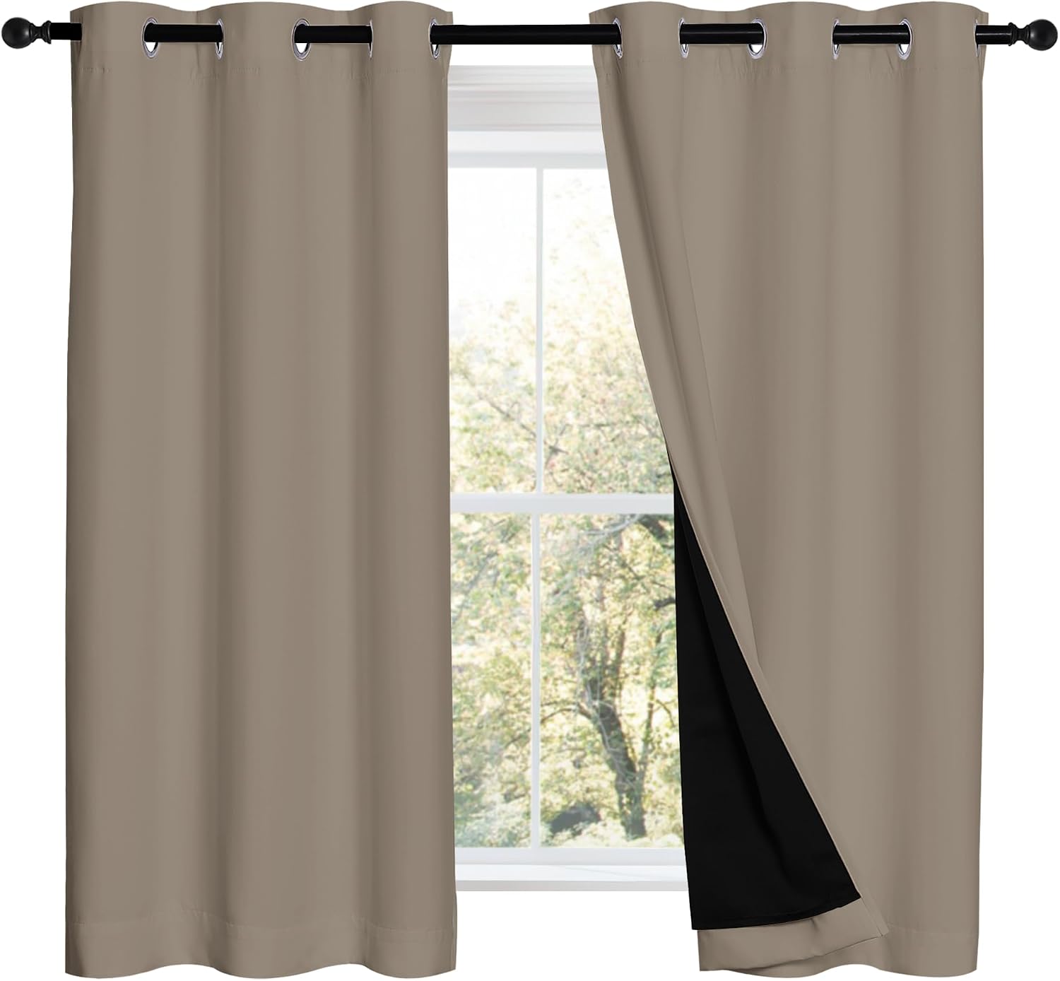 Nicetown 100% Blackout Short Curtains with Black Liners, 2 Panels, 37" W by 50" L, Taupe, Solid Thermal Insulated Full Blackout 2-Layer Lin…