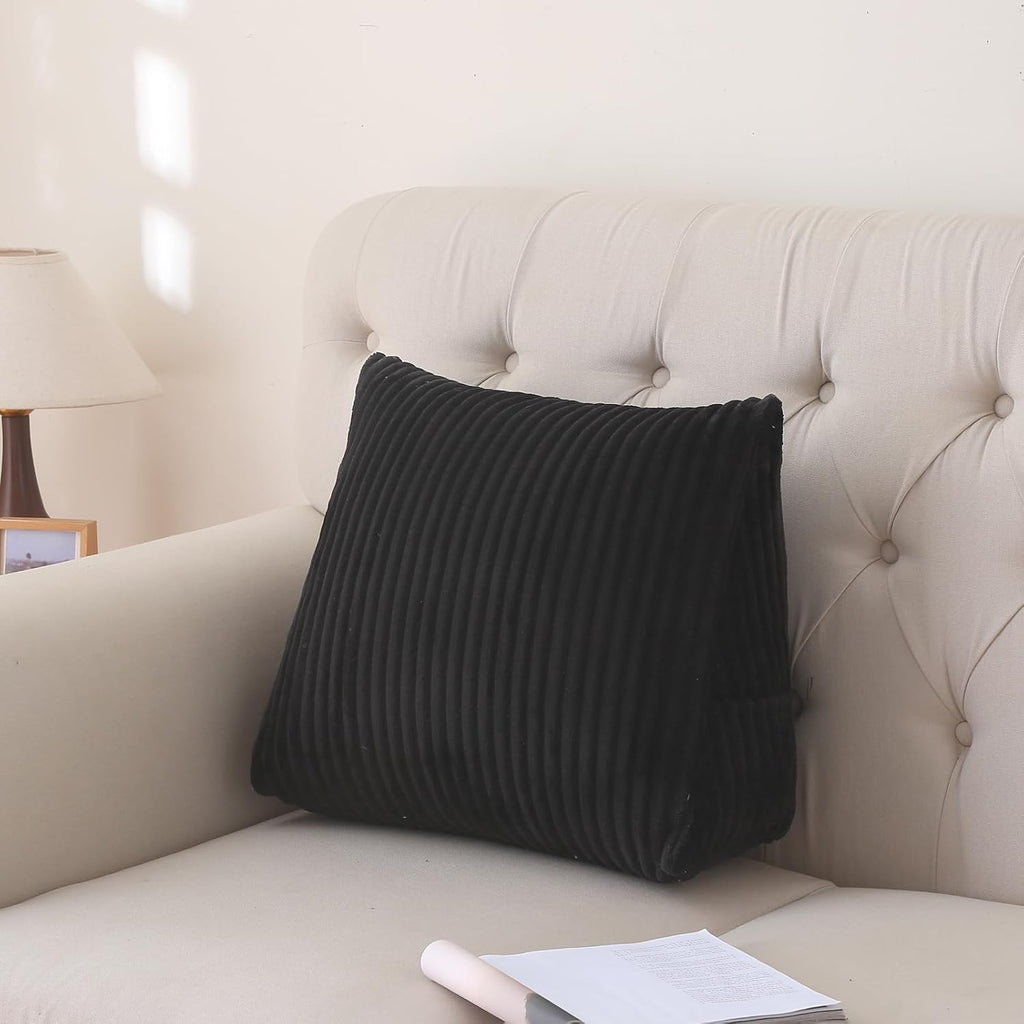 Corduroy Wedge Reading Pillow for Bed, 3 Sizes, 4 Colors for Bed, Sofa, Office Chair (Black, Medium 19 * 16 * 7in)