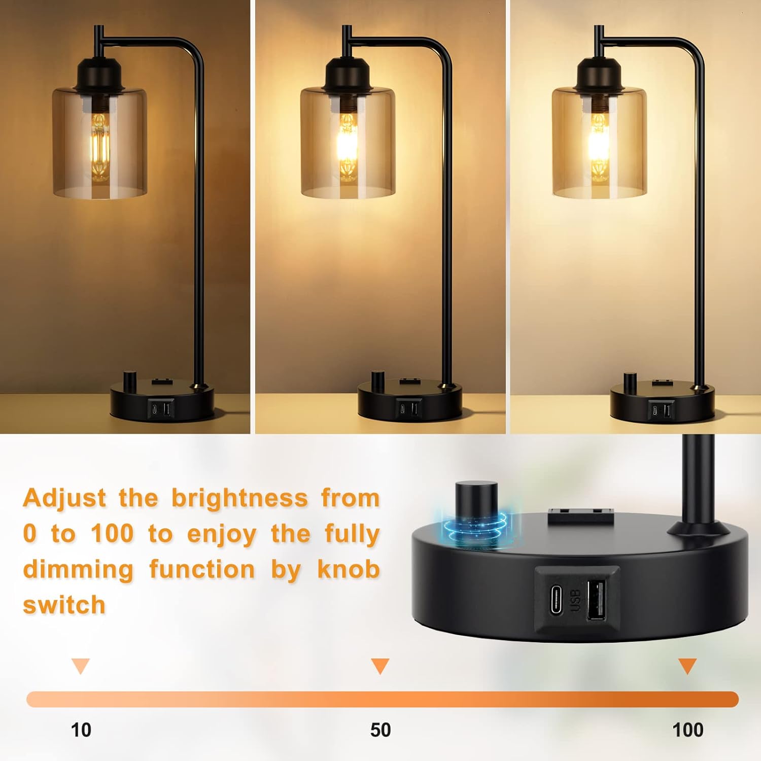 Innqoo Industrial Small Desk Lamp for Nightstand - Amber Clear Glass Shade Table Lamp with USB C Port, Fully Dimmable Black Bedside Lamp…
