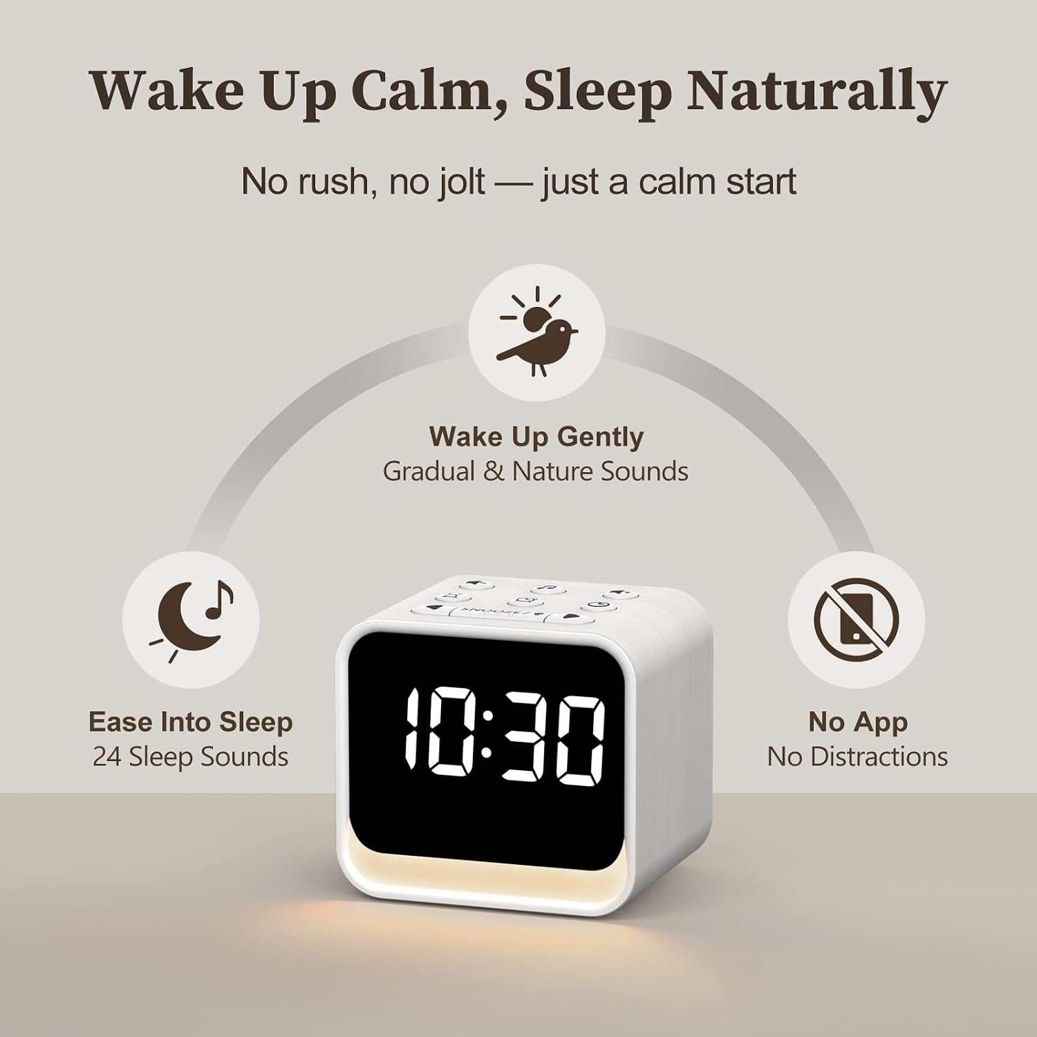 HOUSBAY Wooden Sound Machine Alarm Clock for Bedrooms - Gentle Wake-Up with Birdsong, White Noise for Sleeping, Small Digital Clock for…