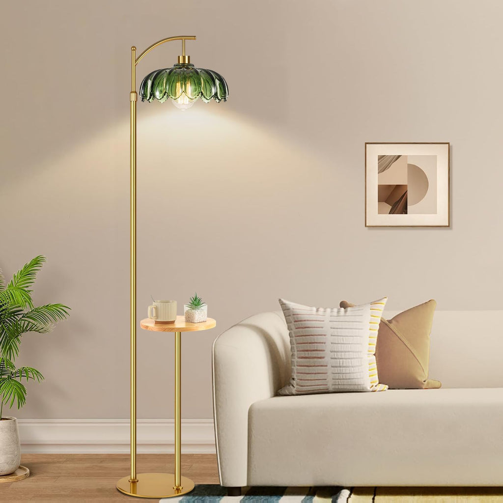 QIYIZM Glass Floor Lamp with Table and Shelves for Living Room Bedroom, Gold Standing Lamp with Remote Dimmable, Boho Brass Tall Lamp…