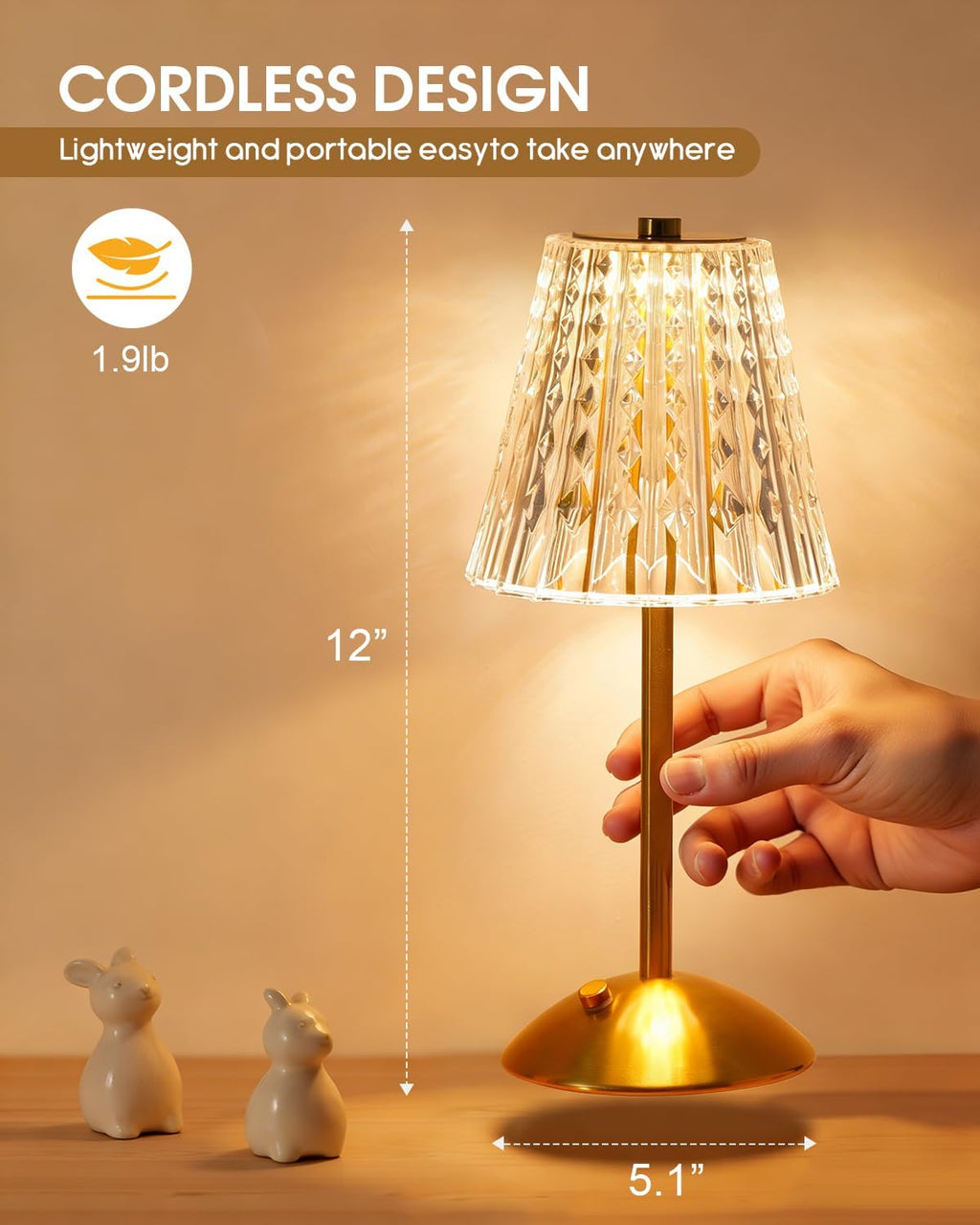 Nusogon Cordless Touch Table Lamp, Classic Edition Rechargeable Small Desk Lamp, 3 Color Dimmable Crystal Lamp for Bedroom, Restaurant…