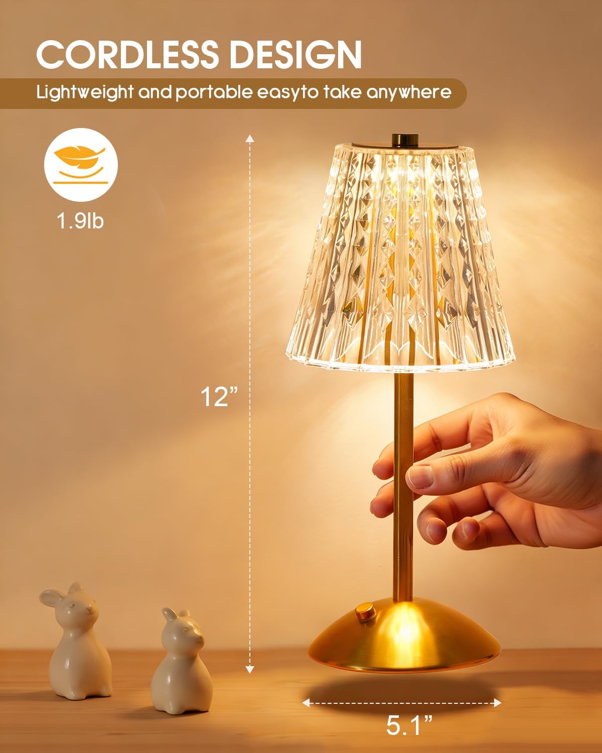 Nusogon Cordless Touch Table Lamp, Classic Edition Rechargeable Small Desk Lamp, 3 Color Dimmable Crystal Lamp for Bedroom, Restaurant…