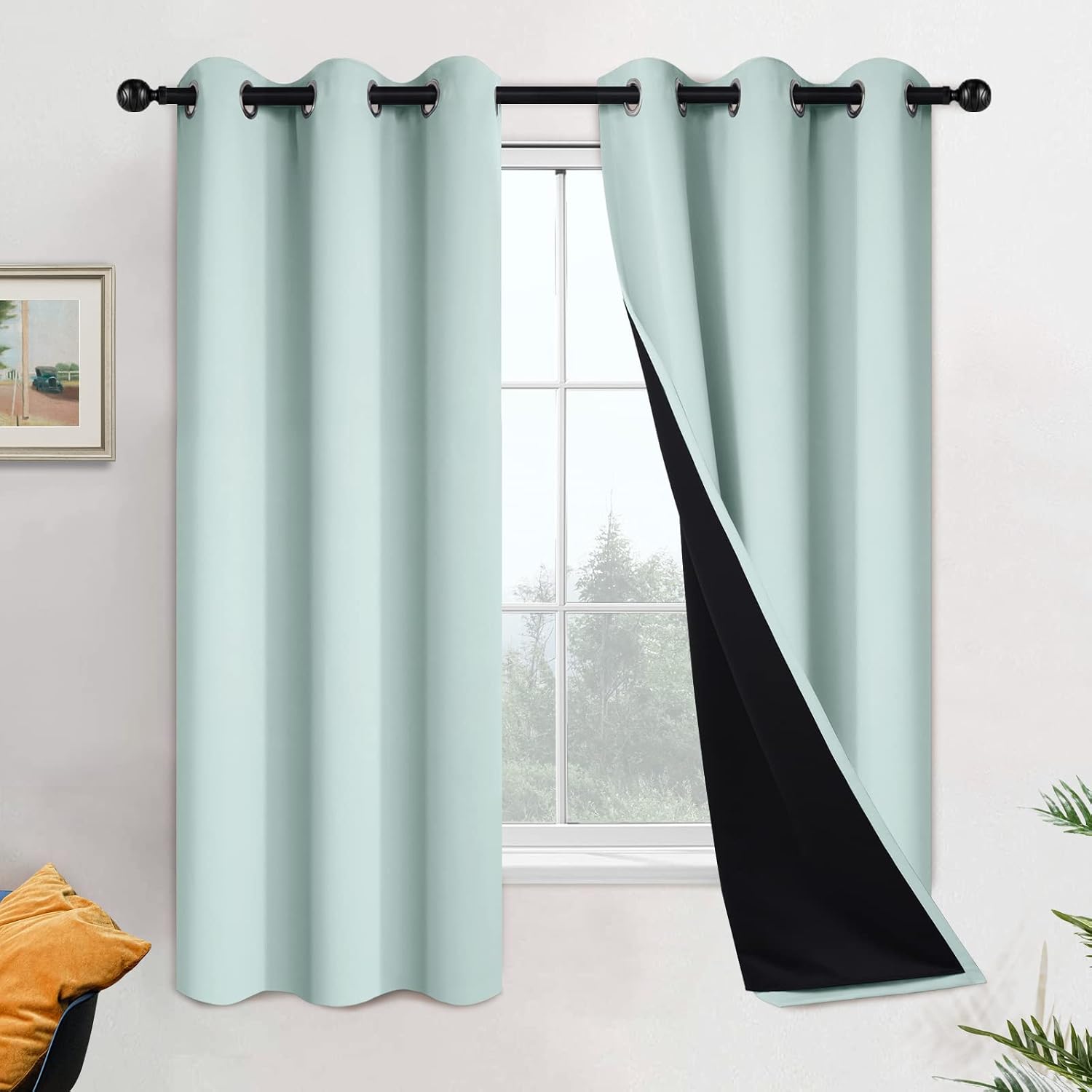 Yakamok 100% Blackout Lined Panels, Room Darkening Thermal Insulated Blackout Curtains for Bedroom, Heat Blocking Drapes for Living Room(42…
