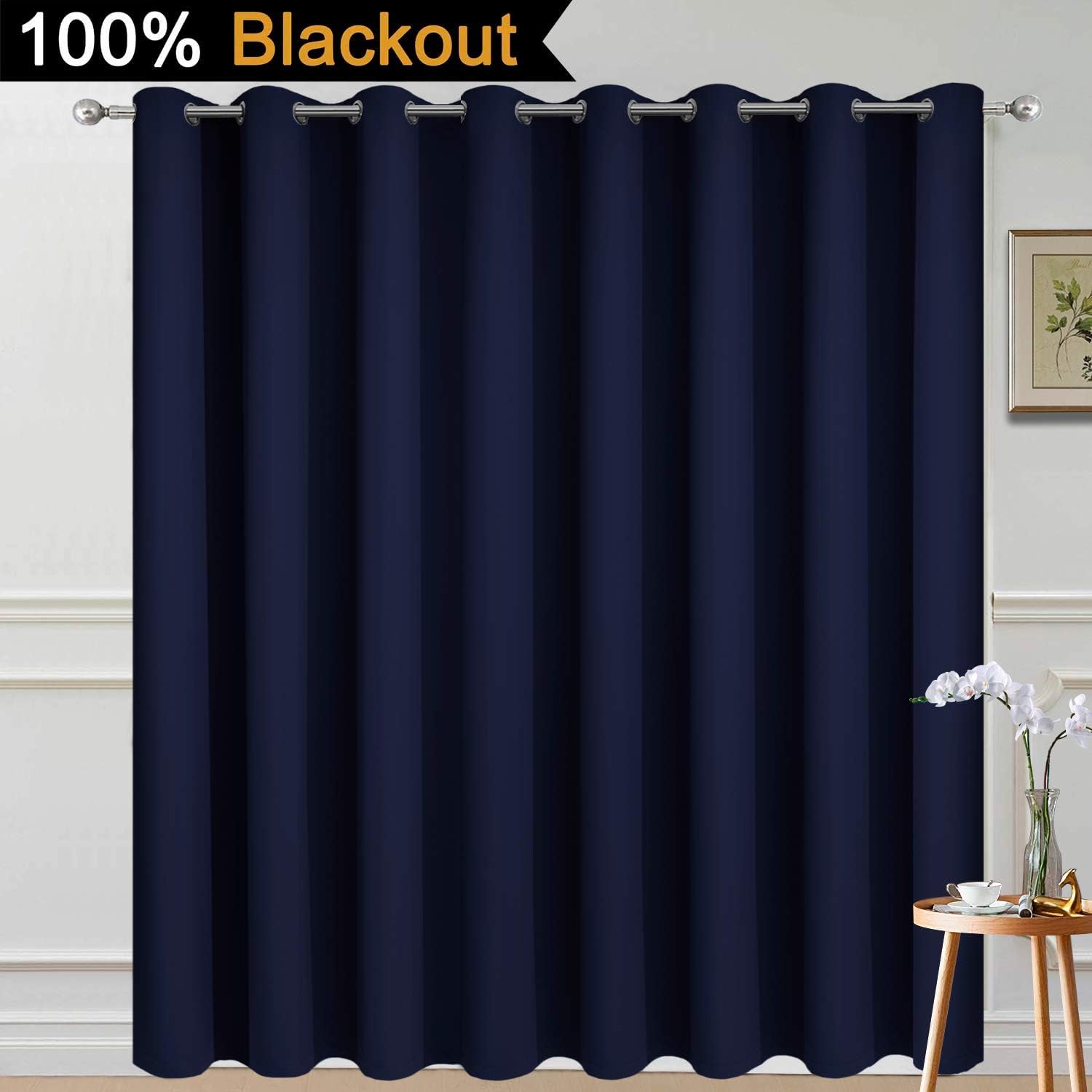 Yakamok 100% Blackout Thermal Insulated Grommet Curtains, Noise Reducing Barrier Panel for Sliding Glass Door, 2 Thick Layers Heat Light…