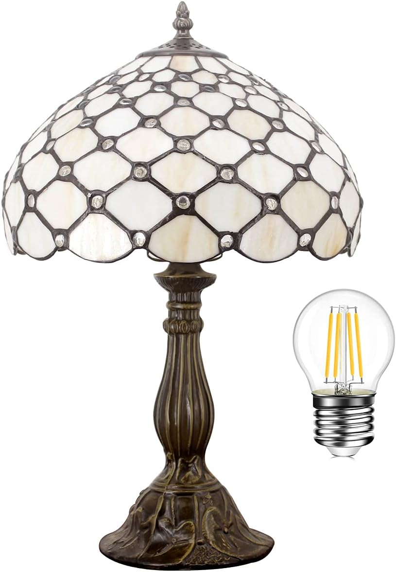 WERFACTORY Tiffany Lamp Cream Amber Stained Glass Bead Table Lamp Desk Bedside Reading Light 12X12X18 Inches Deco Bedroom Living Room…