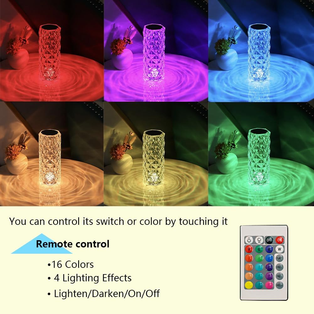 Portable Crystal Table Lamp,16 Color Touch Control Rechargeable Lamp, Crystal Bedside Lamp, Night Light, Room Decor Desk Lamp, Bedroom, Living…