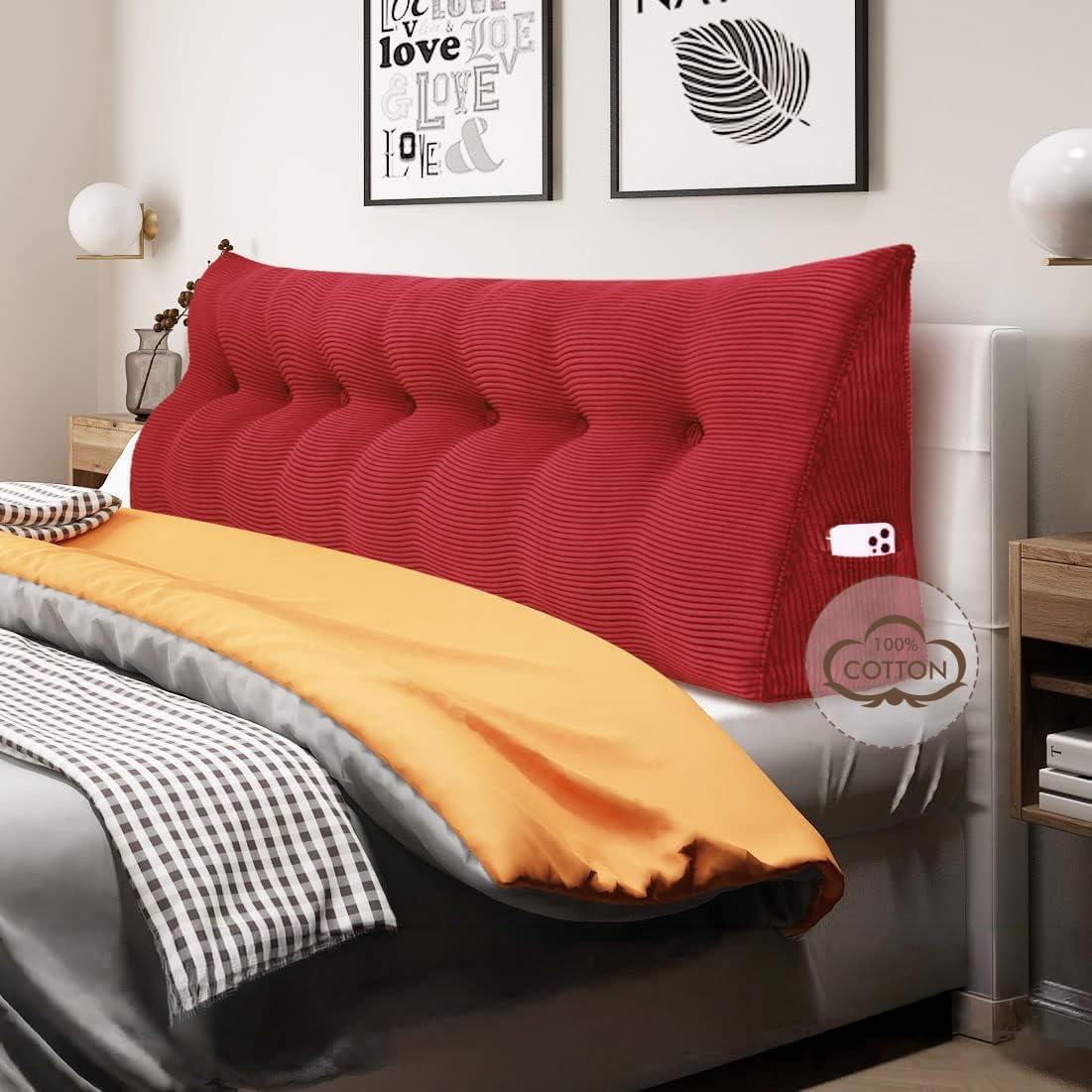 WOWMAX 100% Cotton Corduroy Headboard Pillow – California King Size Back Support Reading Wedge for Bed & Daybed, Plush Handmade Bolster…