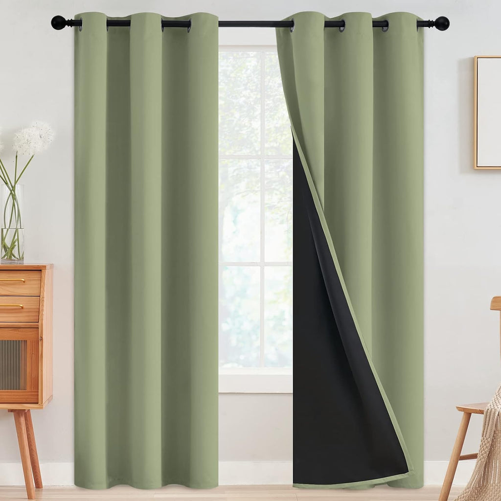 SimpleHome 100% Blackout Curtains for Bedroom, Thermal Insulated Grommet Window Drapes Room Darkening Sage Curtains for Living Room with Bla…
