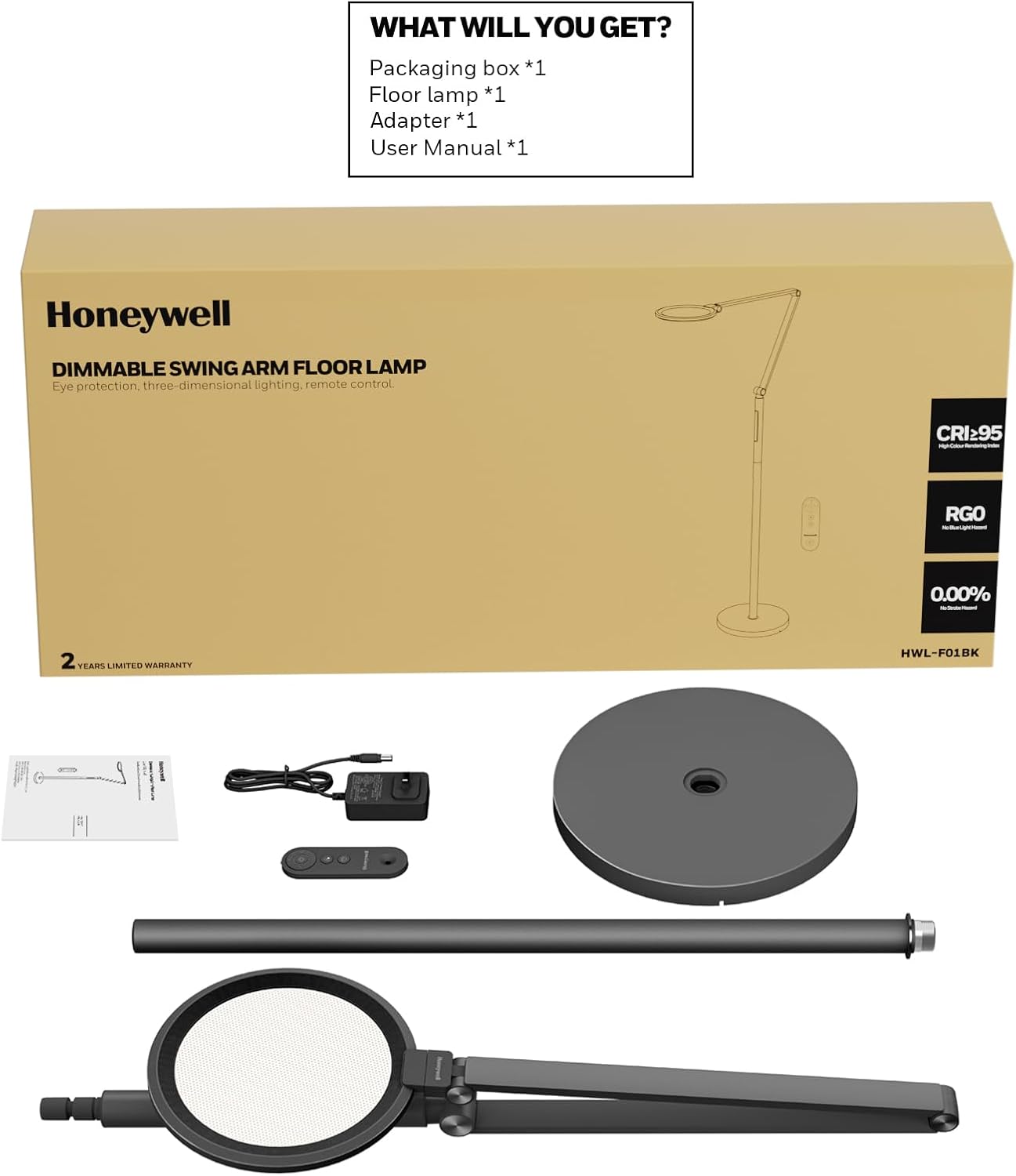 Honeywell LED Floor Lamp - F01BK SunturaluxTM Eye Caring Dimmable Standing Light with Remote, Bright Natural Daylight 5 Colors & 5…