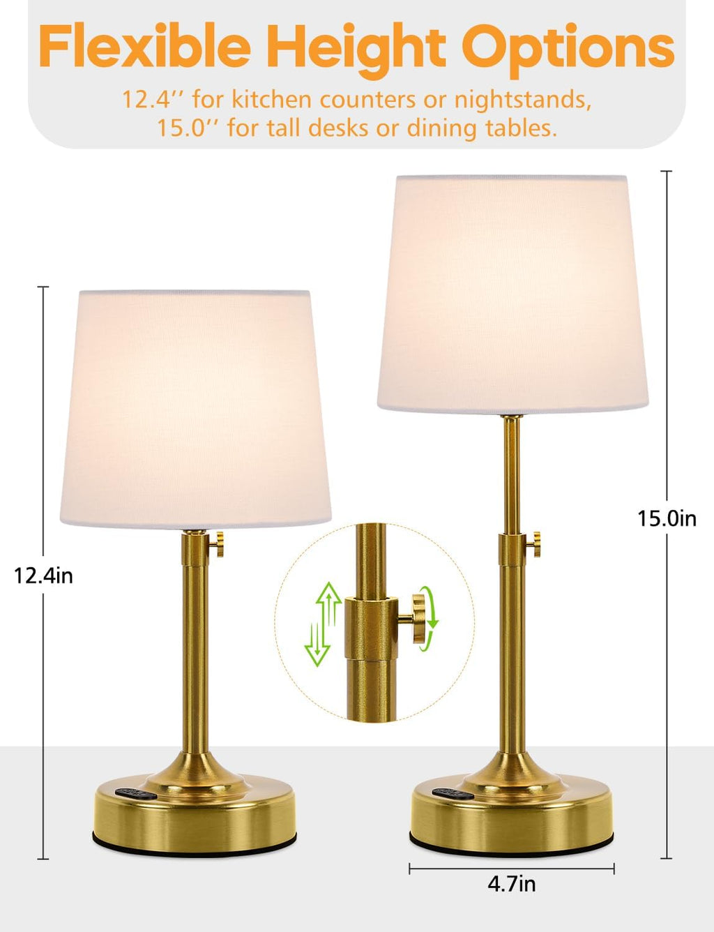 Height Adjustable Rechargeable Table Lamp with Timer, Dimmable Cordless LED Desk Lamp, 4000mAh Battery Operated Table Lamps, Gold…
