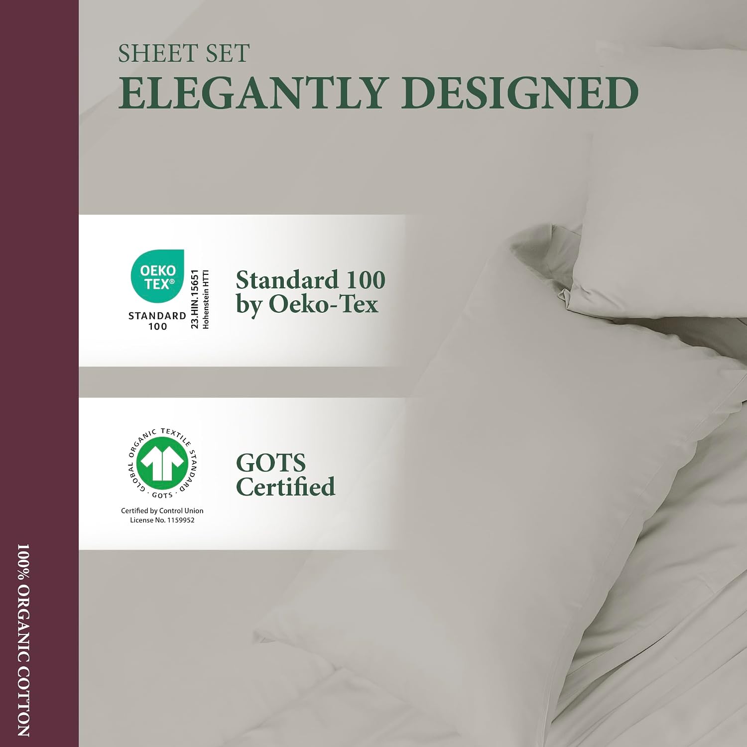 AshtonSheets 100% Organic Cotton Sheets California King Size - Organic Cotton Cal King Size Percale Weave Sheet Set (4 PC, Light Grey), Sof…