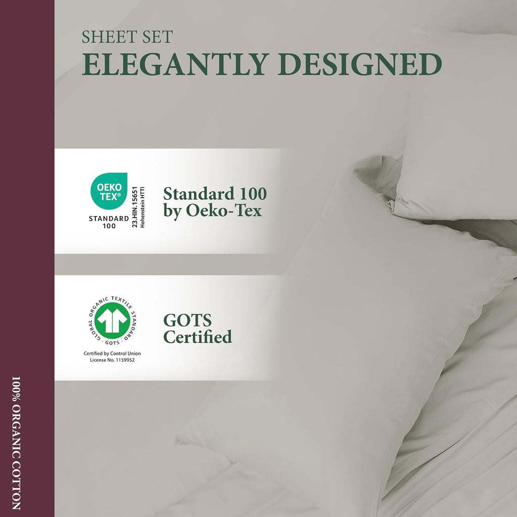 AshtonSheets 100% Organic Cotton Sheets Twin XL Size - Organic Cotton Twin XL Size Percale Weave Sheet Set (3 PC, Light Grey), Soft, Coolin…