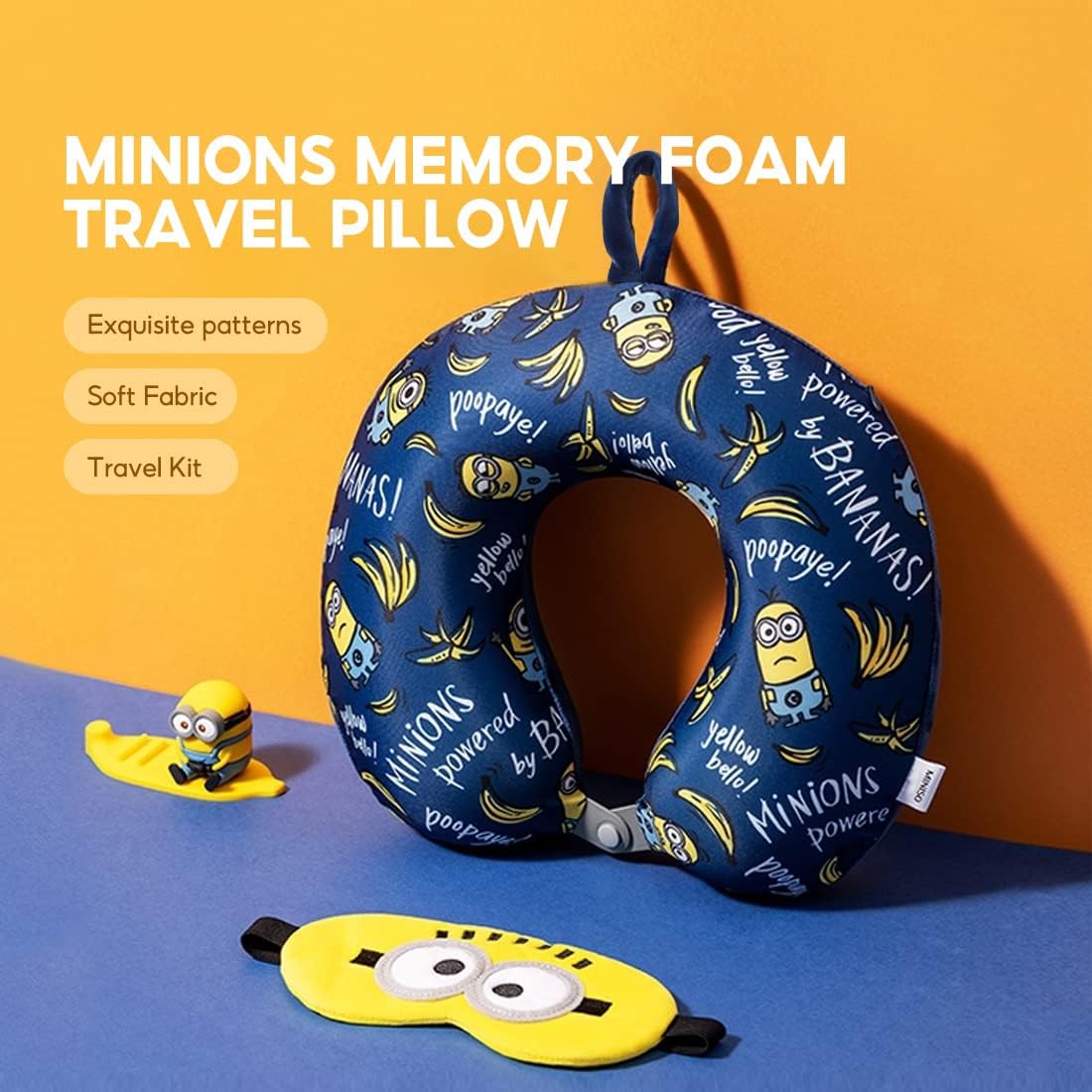 MINISO Minions Travel Neck Pillow with Eye Mask, Cute Cartoon 100% Memory Foam Neck Support Pillow, Lightweight Travelling Pillow Set for…