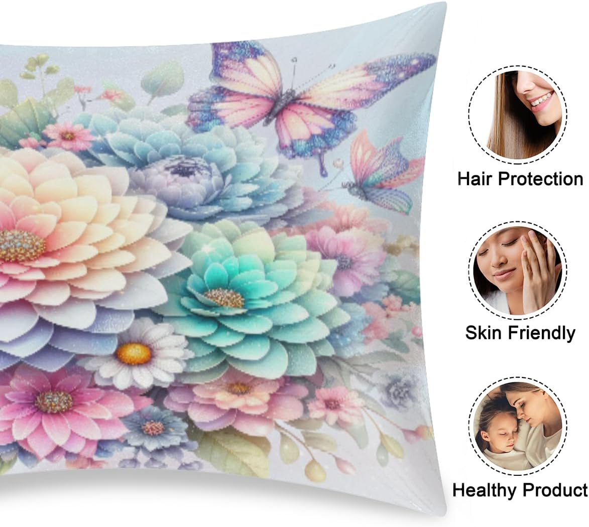 Satin Pillowcase for Hair and Skin Color Butterfly Flower Soft Silk Pillow Case with Envelope Closure Cooling Pillow Cases Slip Standard…