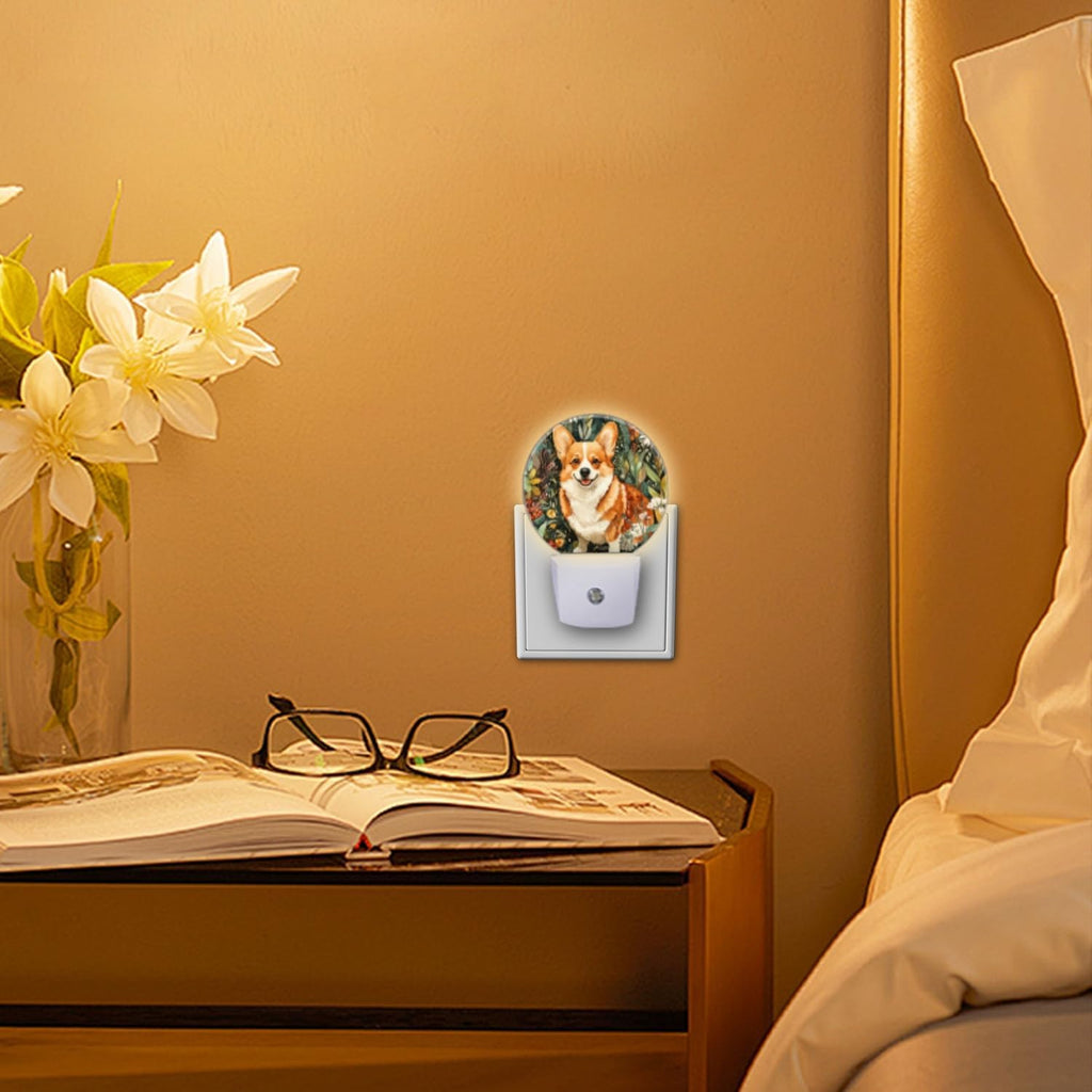 LED Night Lights Lamp with Dusk to Dawn Sensor, Lovely Smiling Corgi in The Flowers Night Light Plug Into Wall for Kids Room, Bedroom…