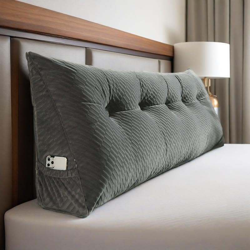 KCTVUIWS Triangular Headboard Pillow with Removable Cover & Side Pockets, Large Queen Bed Wedge Pillow for Headboard, Daybed Sitting…
