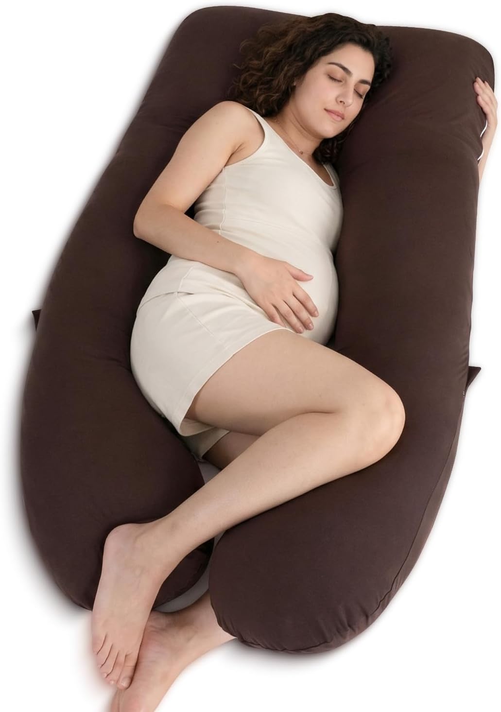 Queenrose QUEEN ROSE U Shaped Pregnancy Pillow, Breathable Cotton Full Body Support for Maternity, Coffee Cotton