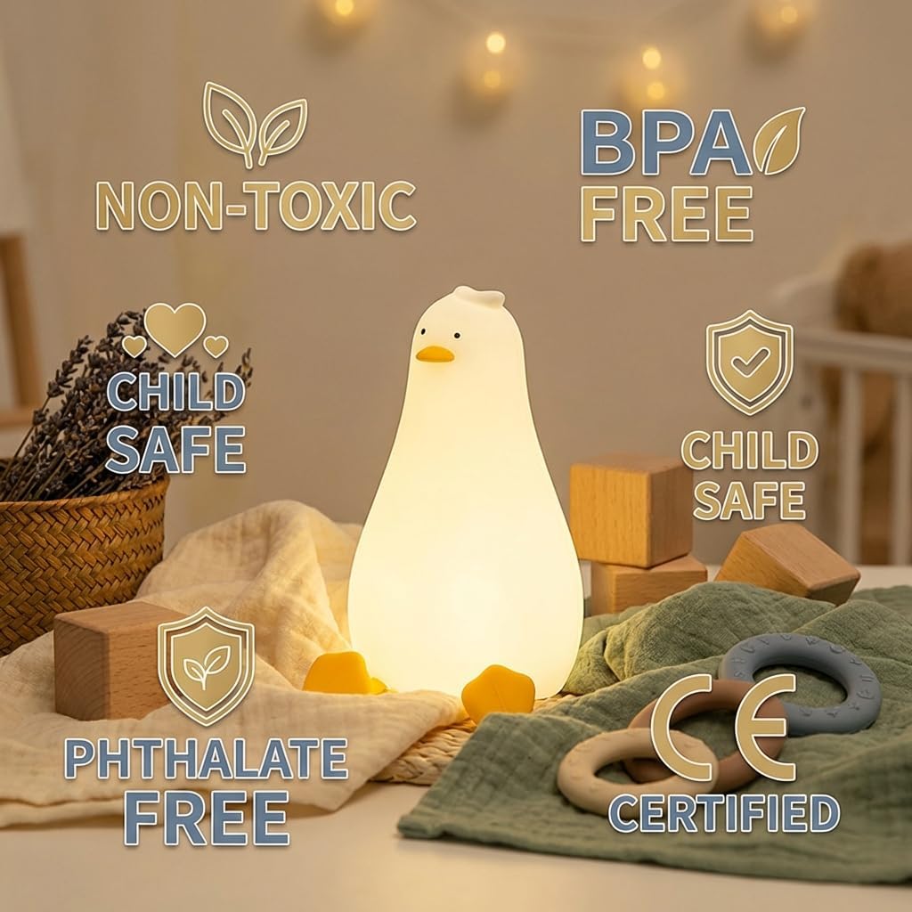 Avacom Duck Night Light, Soft Squishy Silicone Kids Nightlight, Lying Flat 3 Level Dimmable Touch Lamp with Timer, 1200mAh USB Rechargeable…