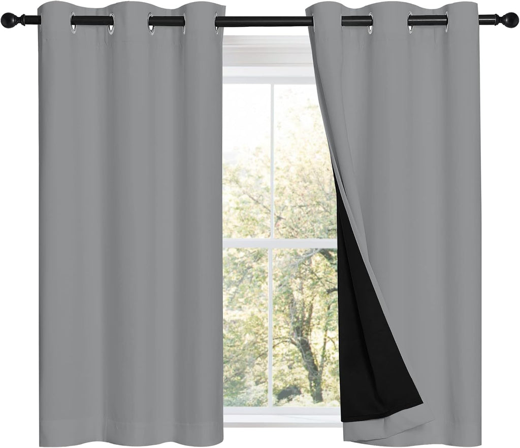 Nicetown Silver Grey 100% Blackout Curtains with Black Liners, Thermal Insulated Full Blackout 2-Layer Curtains, Energy Efficiency Window D…