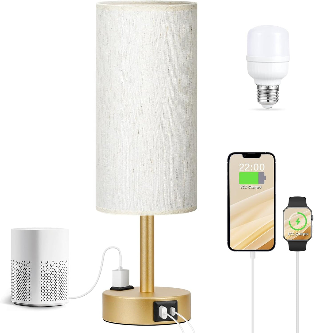 Fenmzee Gold Nightstand Bedroom Lamp - 3 Way Dimmable Bedside Lamp USB C A Charging Ports and AC Outlet, Small Table Lamp Linen Lampshade…