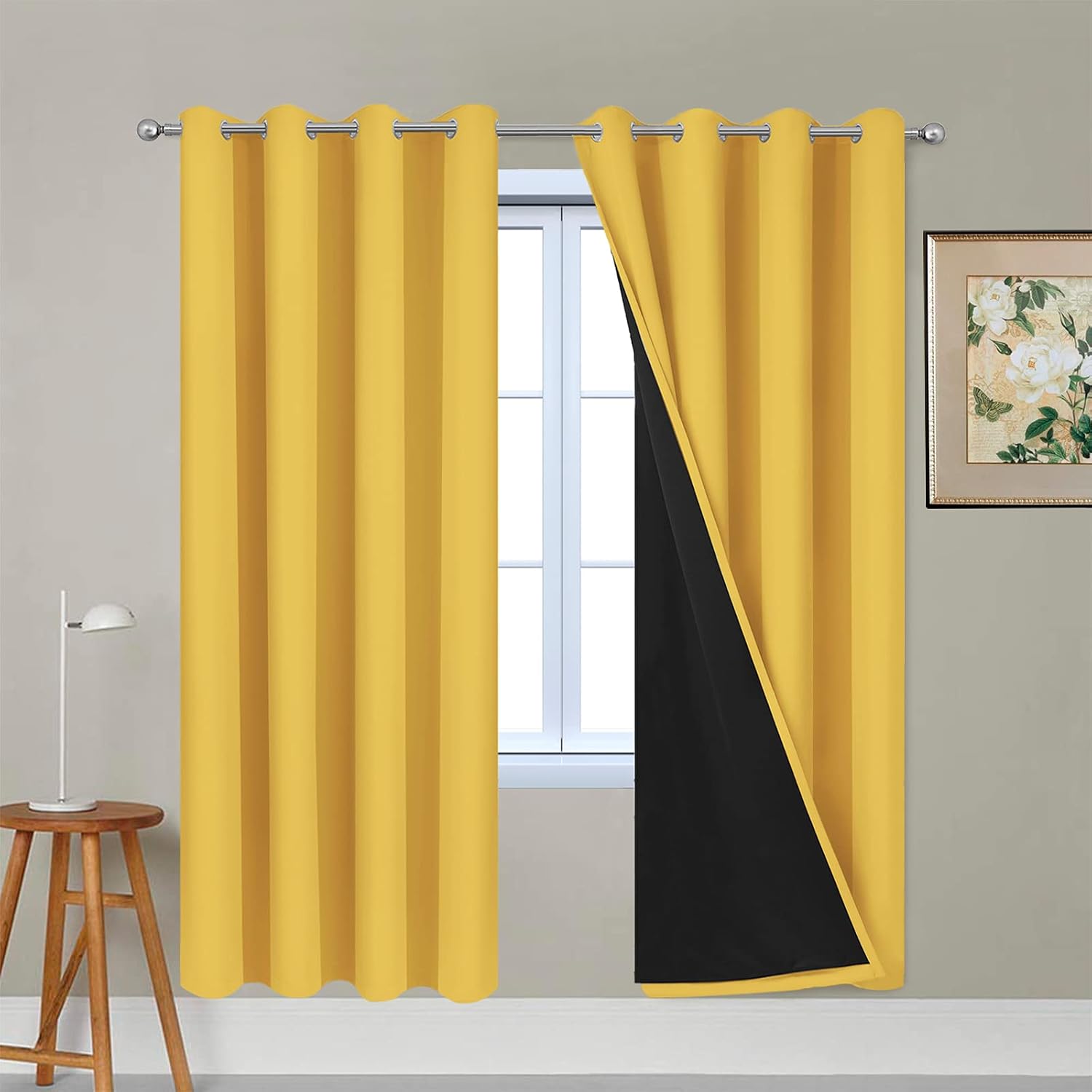 Yakamok Thermal Insulated Full Blackout Curtains 72 Inches Long, Double Layer Full Room Darkening Noise Reducing Grommet Curtains for Bedro…